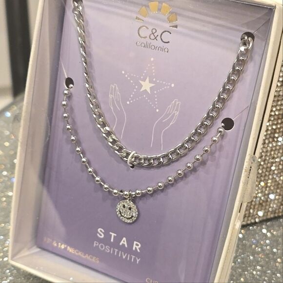 C & C California Positivity Rhinestone Smiley Face Necklace Set - Picture 3 of 6